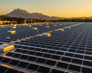 panneaux solaires sous le soleil couchant